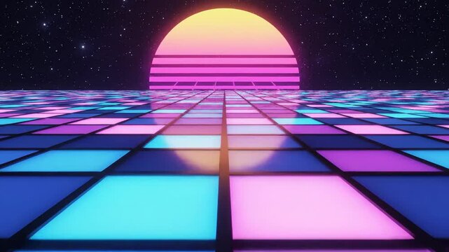 Retro Sunset Grid Landscape with Neon Lights and Stars