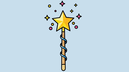 Golden Star Magic Wand with Swirling Ribbon and Sparkles on Light Blue Background