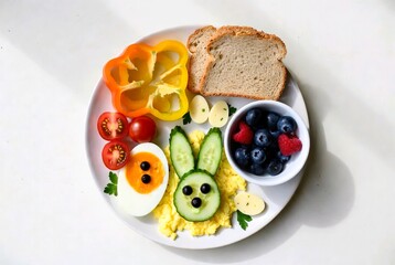 Happy face breakfast for kids with scrambled eggs and cucumber bunny, creative healthy food art with blueberries and toast, candid lifestyle meal photography on white background.