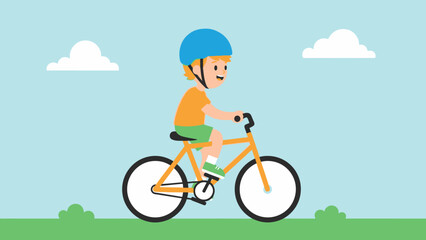 Happy Kid Riding Bicycle Outdoors, Cartoon Style, Summer Activity