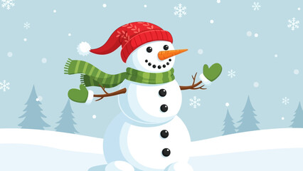 Obraz premium Happy Snowman Waving in Snowy Winter Landscape with Forest