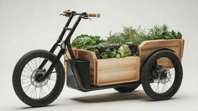 selective focus eco trike carrying organic vegetables in crates