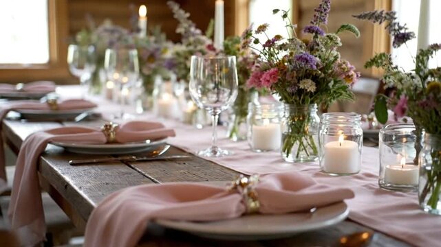 elegant table setting with flowers, candles, and fine tableware in dining room