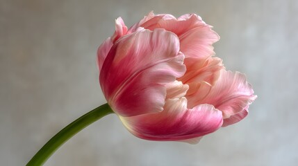Close-up of a delicate pink tulip in full bloom, showcasing intricate petal details and soft textures.