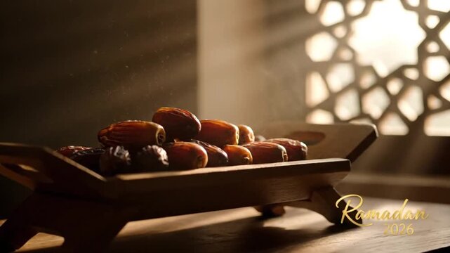 Dates and fruits on a wooden tray with intricate background.