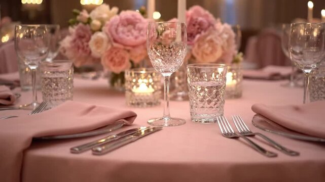 elegant table setting with pink tablecloth and floral centerpiece at a formal wedding reception indoors