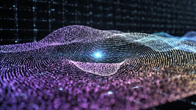 Abstract digital landscape depicts a luminescent, undulating surface of tiny connected points