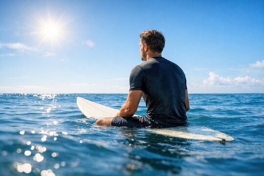Surfer sitting on surfboard in calm ocean water under bright sun enjoying peaceful summer day at sea