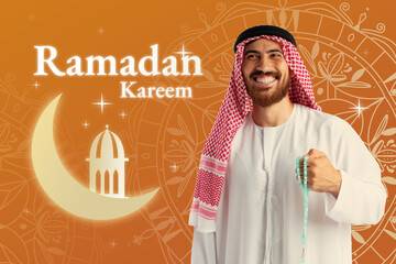 Fototapeta premium Celebrating Ramadan with a man in traditional dress holding prayer beads in a festive setting