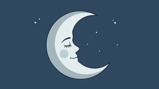 Stylized Crescent Moon with Face and Stars on Dark Blue Night Sky