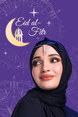 Fototapeta premium Muslim woman celebrating Eid al-Fitr during Ramadan at evening time with crescent moon