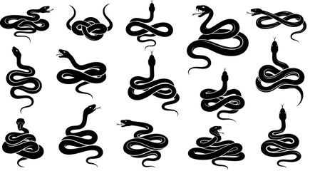 Detailed black snake silhouette collection featuring various serpents in coiled, crawling, and striking poses for wildlife and danger concepts. © Vector Design Hub