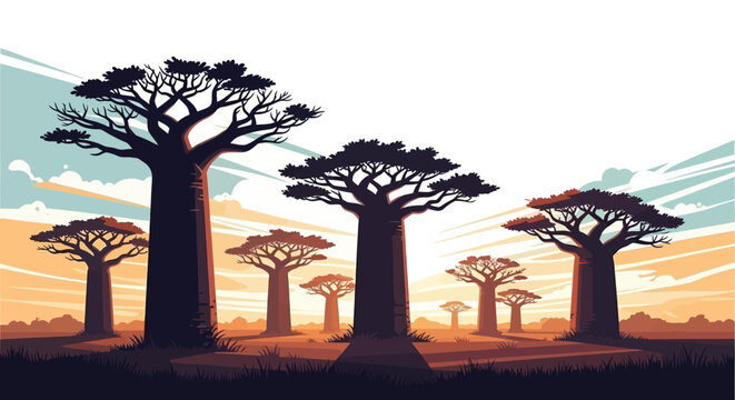 A striking silhouette of several large baobab trees standing tall against a vibrant, hazy sunset sky.