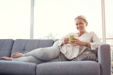 Portrait, mature woman and coffee in apartment with peace, calm morning and relax on weekend break....