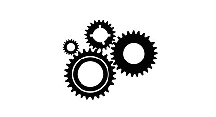 A cluster of interlocking black gears on a white background, symbolizing mechanical systems and engineering.