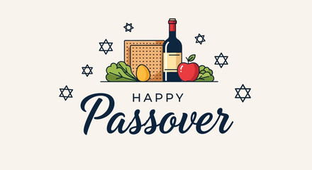 Happy Passover greeting with traditional symbols like matzah, wine, apple, and egg, surrounded by Star of David. © Joniss