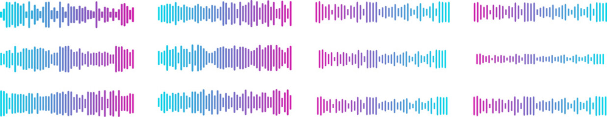 Colorful gradient podcast sound wave visualization with blue purple pink frequency bars for audio interfaces. Dynamic waveform patterns for music streaming apps, recording software or media players. © Print Touch