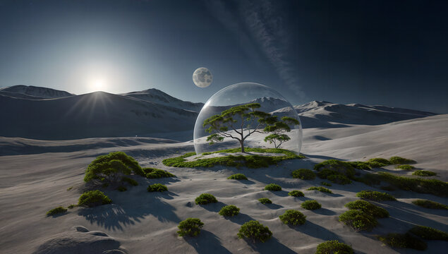 Sci-fi space colony concept showing terraforming and plant cultivation on a moon-like landscape. Oasis