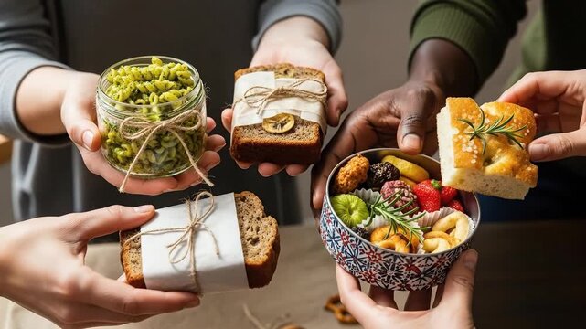 People holding assorted food items overhead shot with neutral background