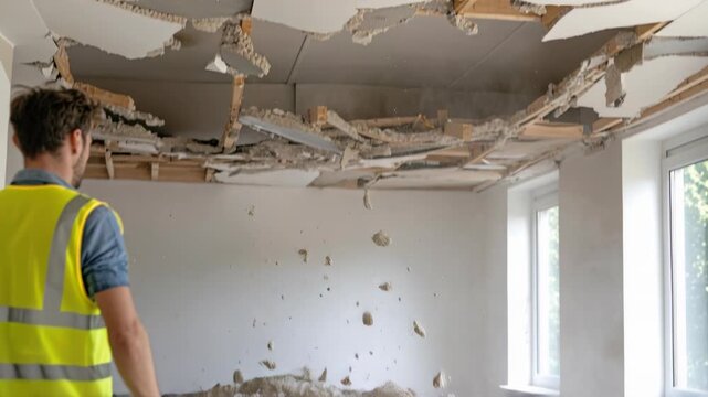 Construction worker inspecting significant ceiling collapse and falling debris in a damaged room interior.