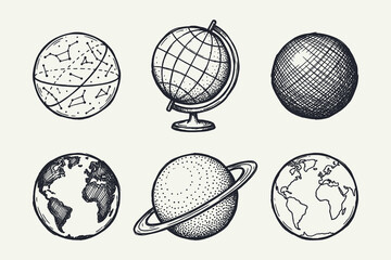 Retro Sketch Set of Earth Worlds and Astronomy Globes © thetwelvesense