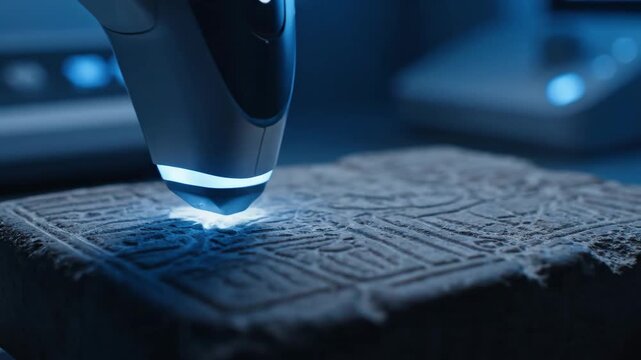 A modern 3D scanner emits blue light, meticulously examining an ancient stone tablet with intricate carvings in a scientific research laboratory environment.