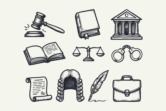 Vintage Law and Justice Icons Set in Sketch Style