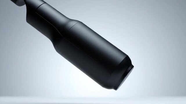 A modern black bottle with a minimalist design rotates gracefully, showcasing its elegant form and smooth surface.