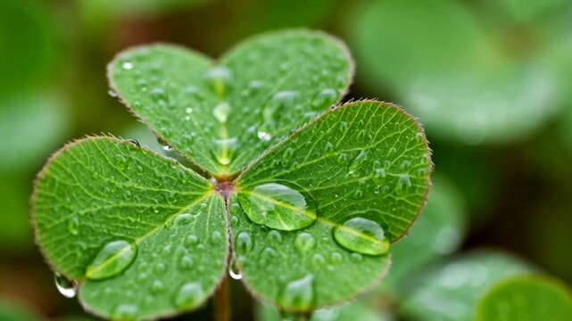 Close-up of a Vibrant Green Shamrock with Water Droplets Symbolizing Luck.