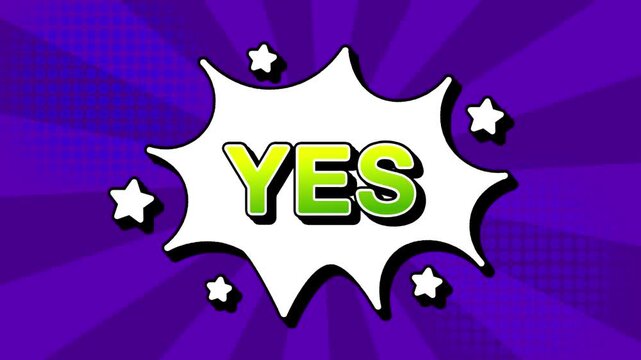 yes text word lettering popup comic cartoon reveal with bomb and smoke explosion manga anime book page dots with radial speed lines doodle violet background with seamless loop animation retro clip