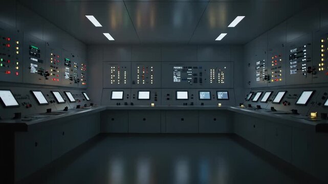 A modern control room with illuminated screens and blinking lights, perfect for technology, industry, and data management visuals.