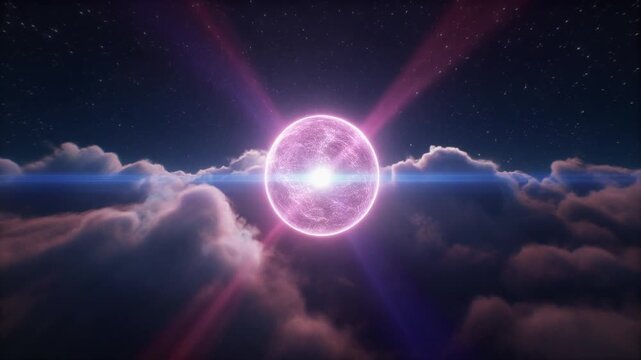 "Radiant pink-purple glowing sphere hovering above clouds under a starry night sky, emitting bright light beams in all directions."