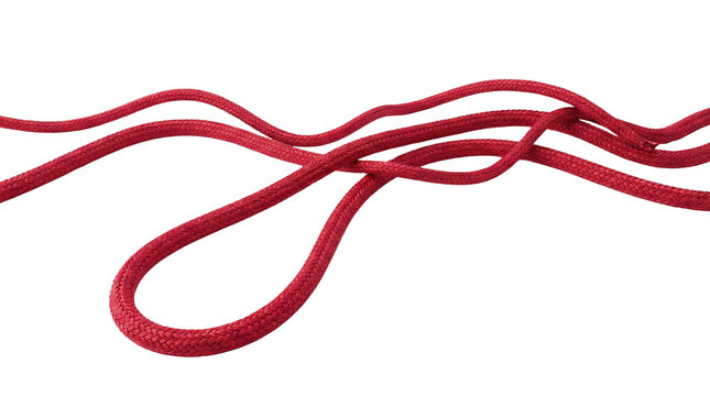 Red braided rope loop with loose ends, isolated on white background