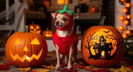 Chihuahua in Pepper Costume with Halloween Pumpkins.