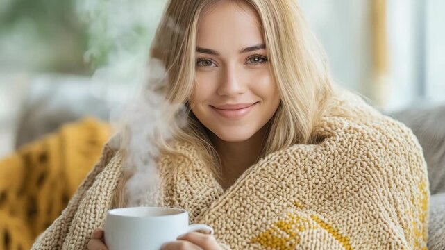 selective focus plus-size woman wrapped in blanket on couch with tea
