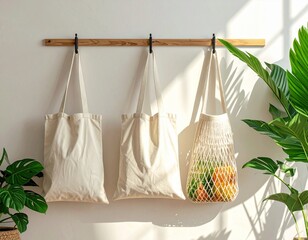 Reusable shopping bags hanging on wall