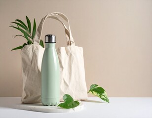 Reusable bottle and cloth bag on neutral background