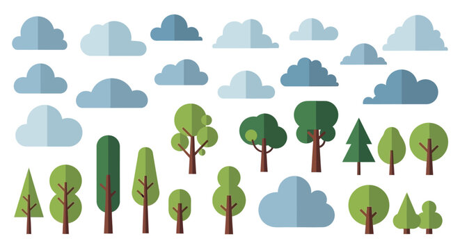A collection of flat design vector illustrations featuring various shapes of green trees and blue clouds against a white background.