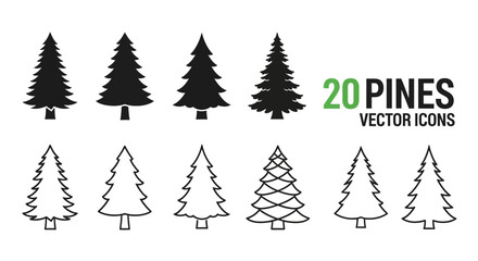 Obraz premium Collection of black solid and outline pine tree vector icons on a white background, showcasing various shapes and styles for graphic design.