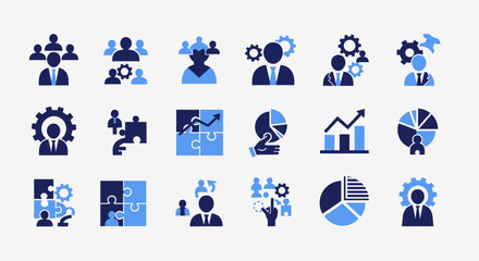 Fototapeta premium A set of business and management icons depicting teamwork, strategy, analytics, and problem-solving.