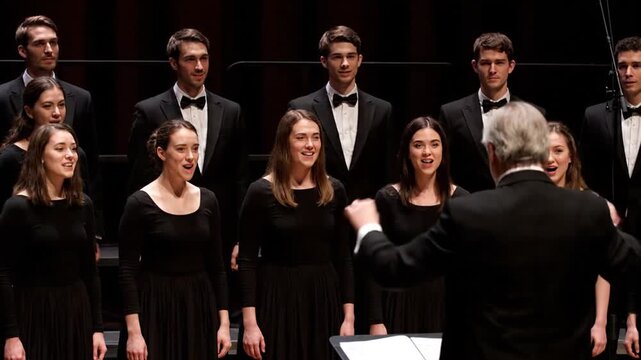 Choir Performing on Stage with Conductor.