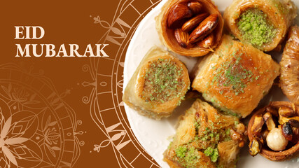 Fototapeta premium Treats for celebration during Ramadan with sweets and nuts on a plate