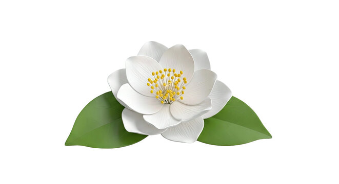 White Jasmine Flower with Green Leaves on White Background