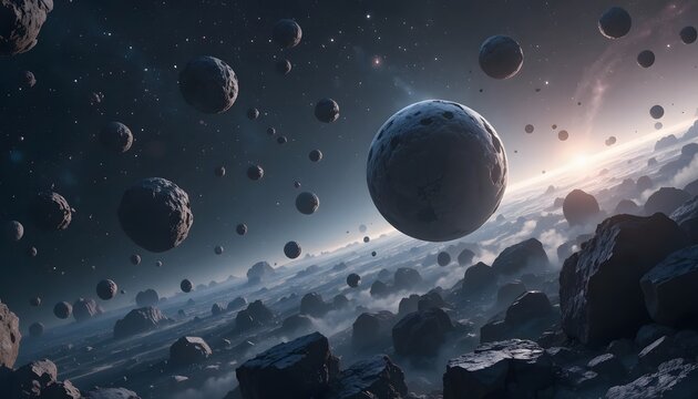 Cosmic chaos of celestial bodies floating amidst a starry void. astroid belt