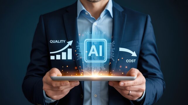 Businessman in suit holding tablet showing AI technology improving quality and lowering costs on a digital int
