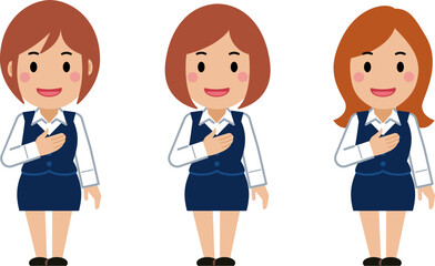 Fototapeta premium 胸に手を当て笑顔。ネイビー事務服の若い女性