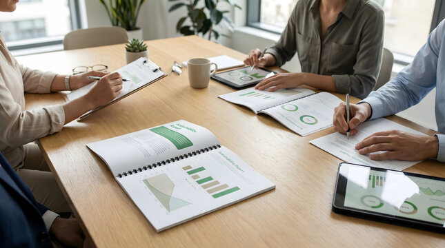 Business Meeting Reviewing Sustainability Report and Charts