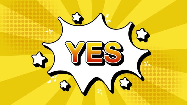 yes text word lettering popup comic cartoon reveal with bomb and smoke explosion manga anime book page dots with radial speed lines doodle yelllow color background with seamless loop animation retro