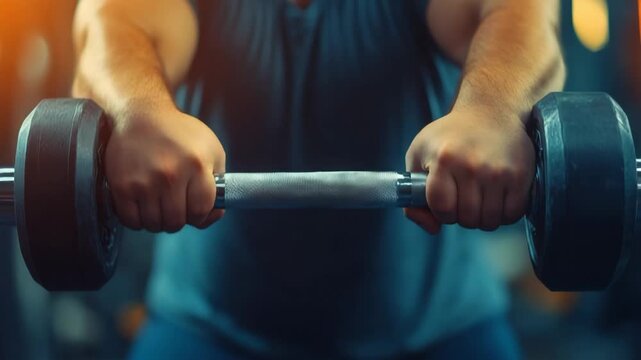 selective focus plus-size bodybuilder performing weightlifting exercise