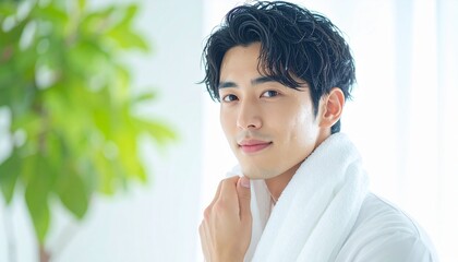 タオルで顔を拭く若い男性のクローズアップ　メンズスキンケア、美容イメージ